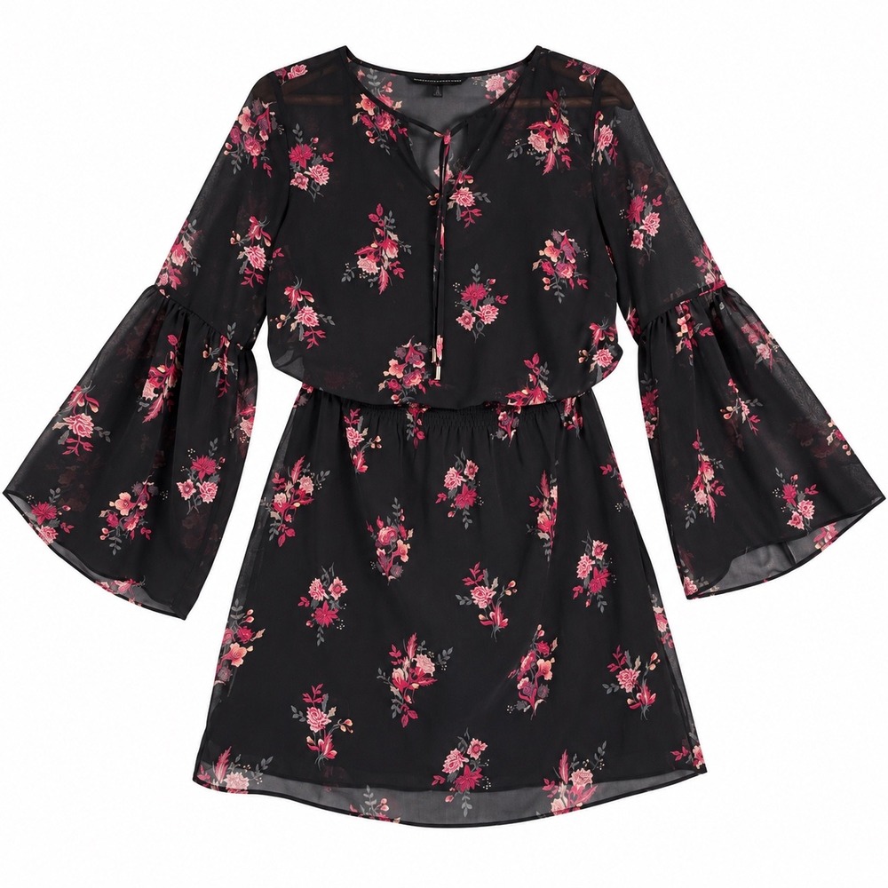 White House Black Market Floral Bell Sleeve Mini Dress Black Pink XS